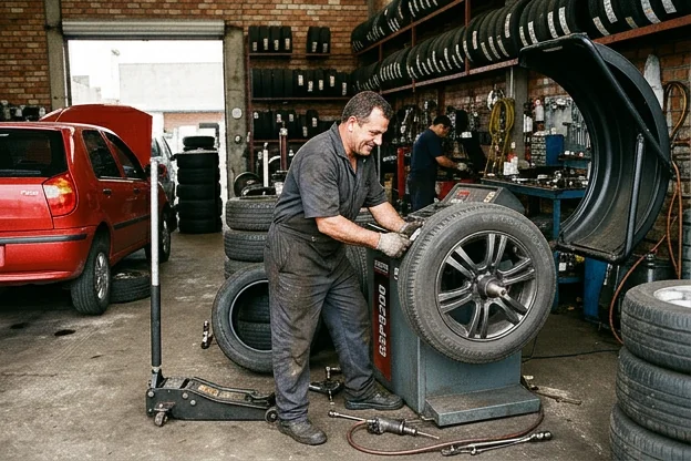 Mecânico fazendo balanceamento de rodas com equipamento adequado.