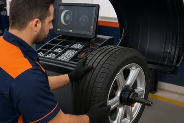 Processo de balanceamento de rodas com máquina especial.