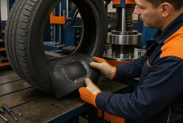 Profissional realizando vulcanização de pneus com ferramentas especializadas.