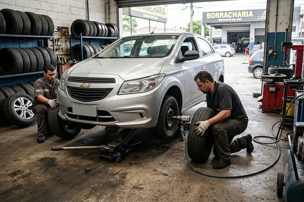 Técnicos realizando rodízio de pneus com equipamentos adequados.