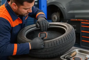 Trabalhadores consertando pneus com ferramentas em uma borracharia.